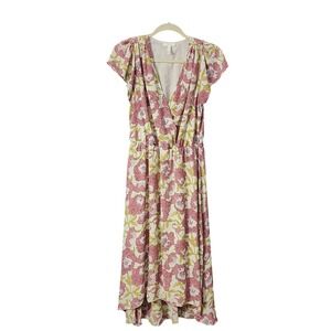 Leith Floral Midi Dress Women's Pink Ivory High Low Flutter Sleeve, Medium